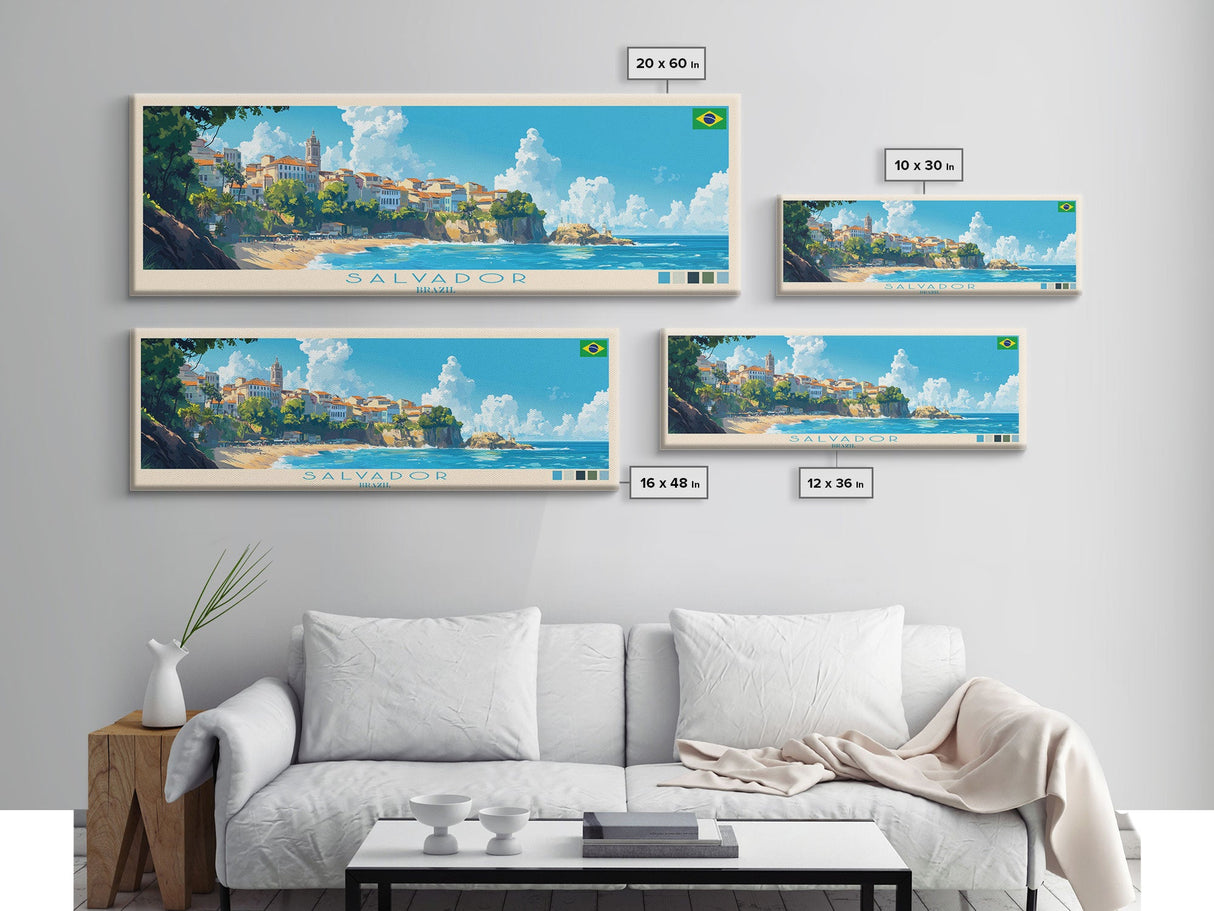 Salvador, Brazil Panoramic Travel Poster Canvas Print, Salvador, Brazil Painting, Brazil Art, Salvador Travel Art, Guest Room Painting