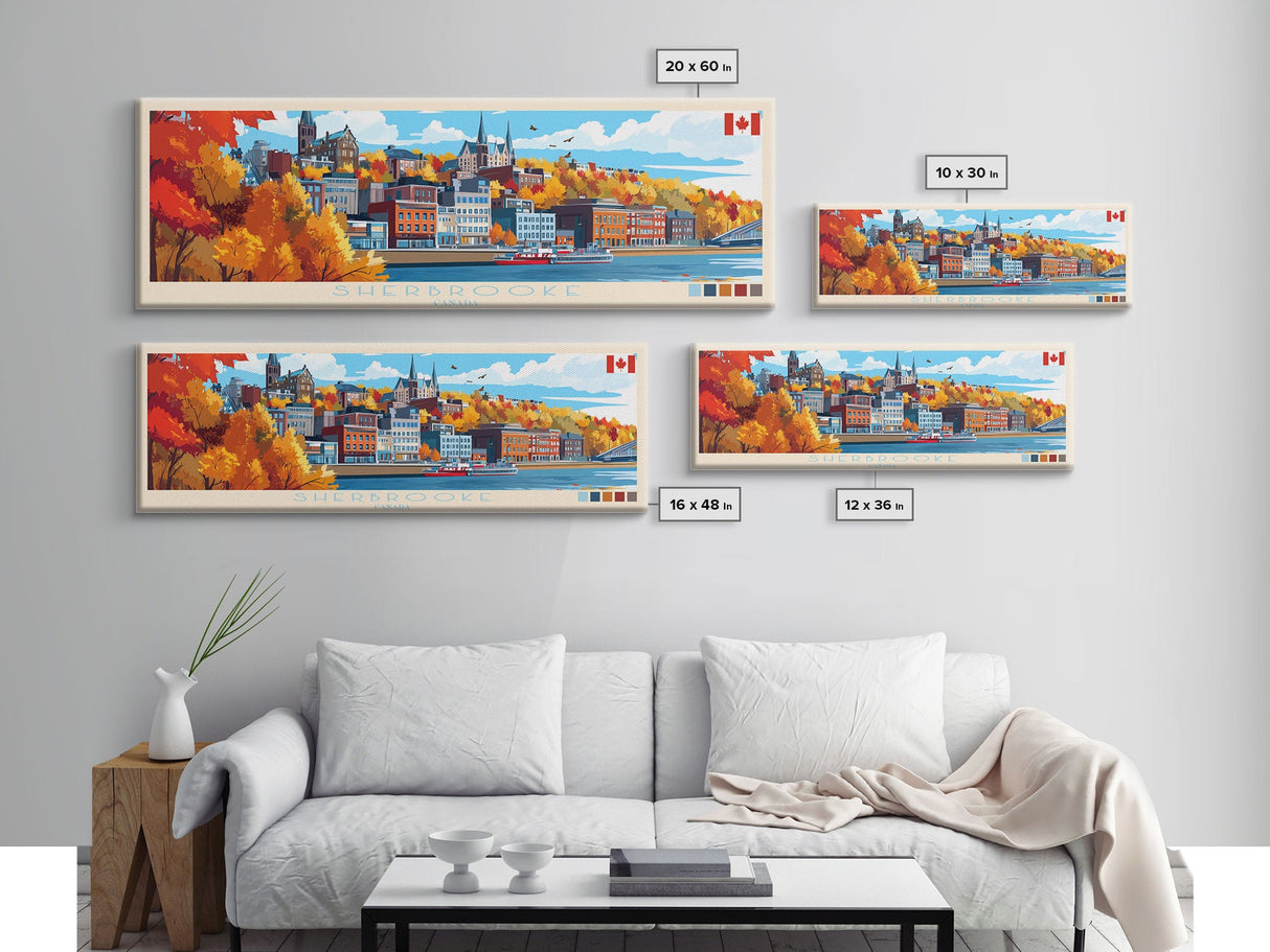 Sherbrooke, Canada Panoramic Travel Poster Canvas Print, Sherbrooke, Canada Painting, Canada Art, Sherbrooke Panoramic Travel Art, Travel Painting