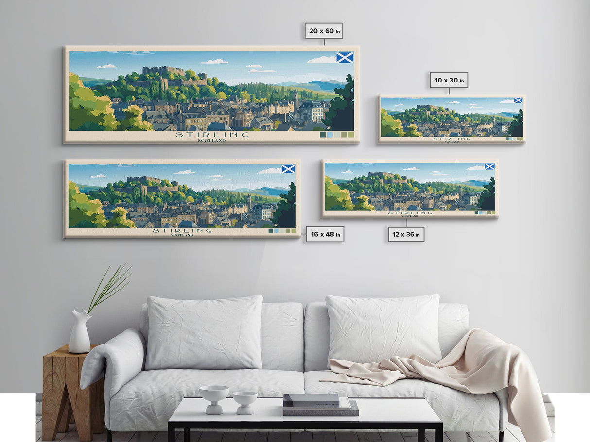 Stirling, Scotland Panoramic Travel Poster Canvas Print, Stirling, Scotland Painting, Scotland Art, Stirling Panoramic Travel Art, Travel Painting