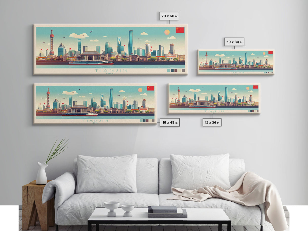 Panoramic Travel Poster Tianjin, China Canvas Print, Tianjin, China Painting, China Art, Tianjin Travel Art, Guest Room Painting