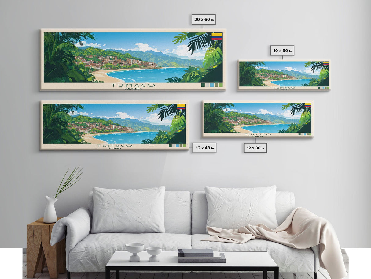 Tumaco, Colombia Panoramic Travel Poster Canvas Print, Tumaco, Colombia Painting, Colombia Art, Tumaco Panoramic Travel Art, Travel Painting