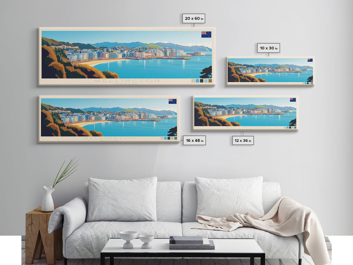 Wellington, New Zealand Panoramic Travel Poster Canvas Print, Wellington, New Zealand Painting, New Zealand Art, Wellington Panoramic Travel Art, Travel Painting