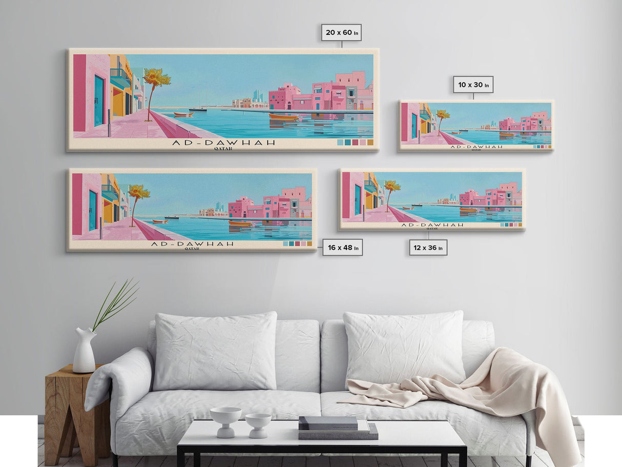 Ad-Dawhah, Qatar Panoramic Canvas Print, Ad-Dawhah, Qatar Painting, Qatar Art, Ad-Dawhah Travel Poster, Travel Art, Living Room Painting