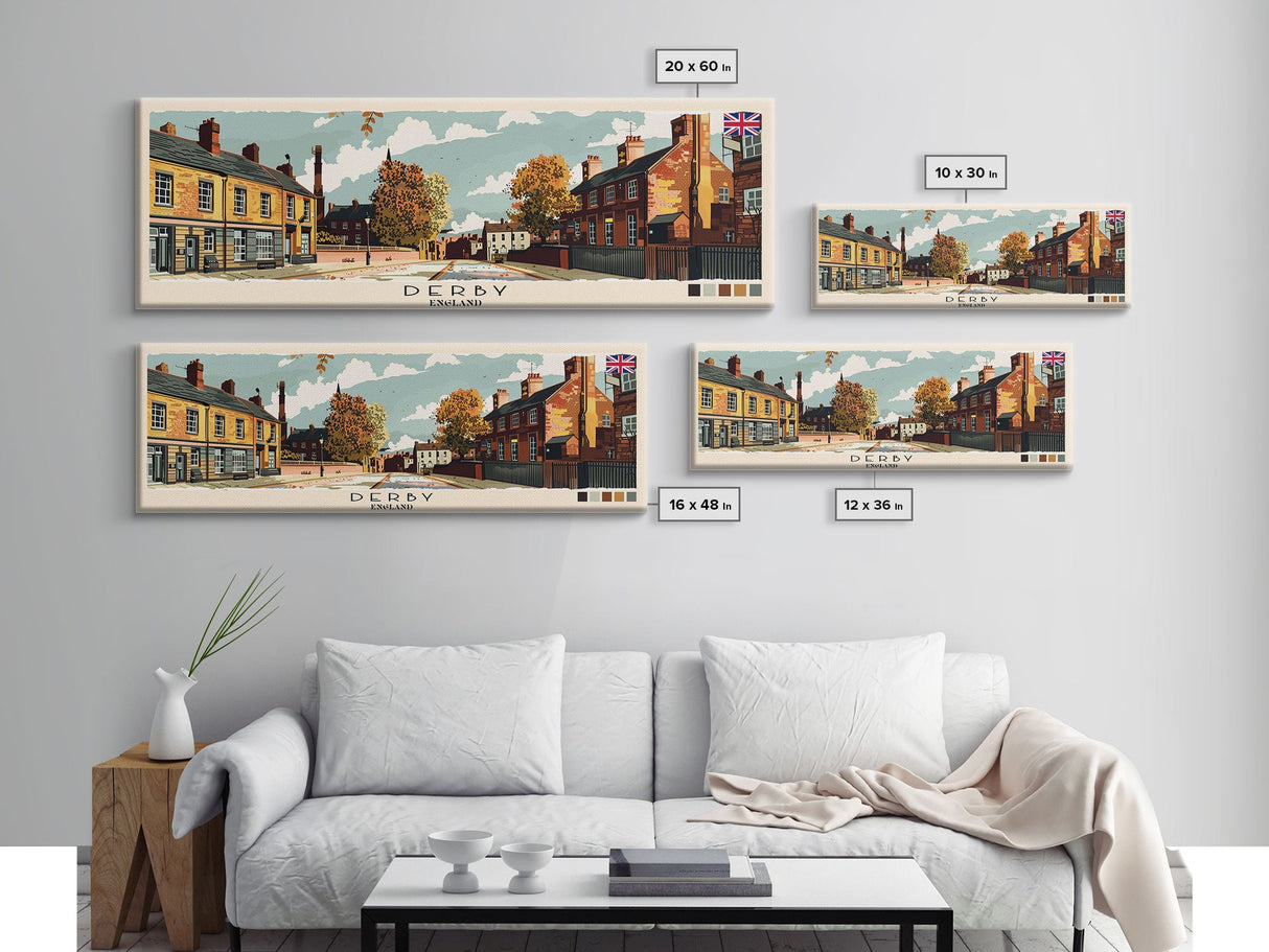 Derby, England Panoramic Canvas Print, Derby, England Painting, England Art, Derby Travel Poster, Travel Art, Vacation Gift