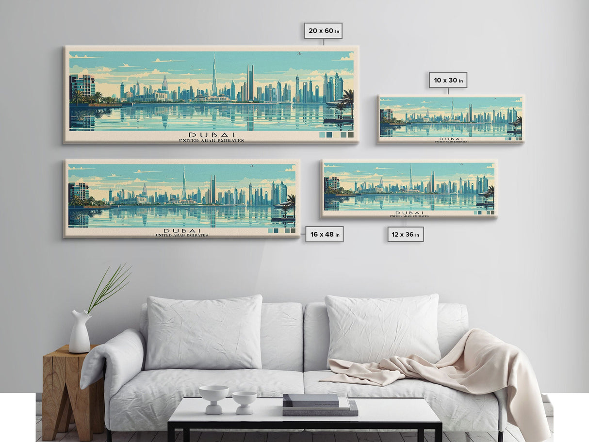 Dubai, United Arab Emirates Panoramic Canvas Print, Dubai, United Arab Emirates Painting, United Arab Emirates Art, Dubai Travel Poster, Travel Art, Housewarming Gift