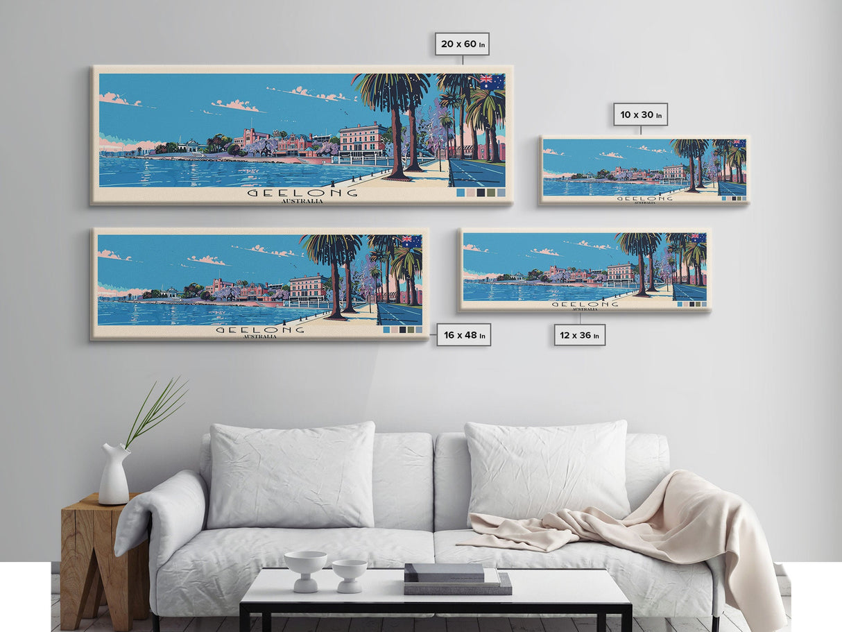 Geelong, Australia Panoramic Canvas Print, Geelong, Australia Painting, Australia Art, Geelong Travel Poster, Travel Art, Guest Room Painting