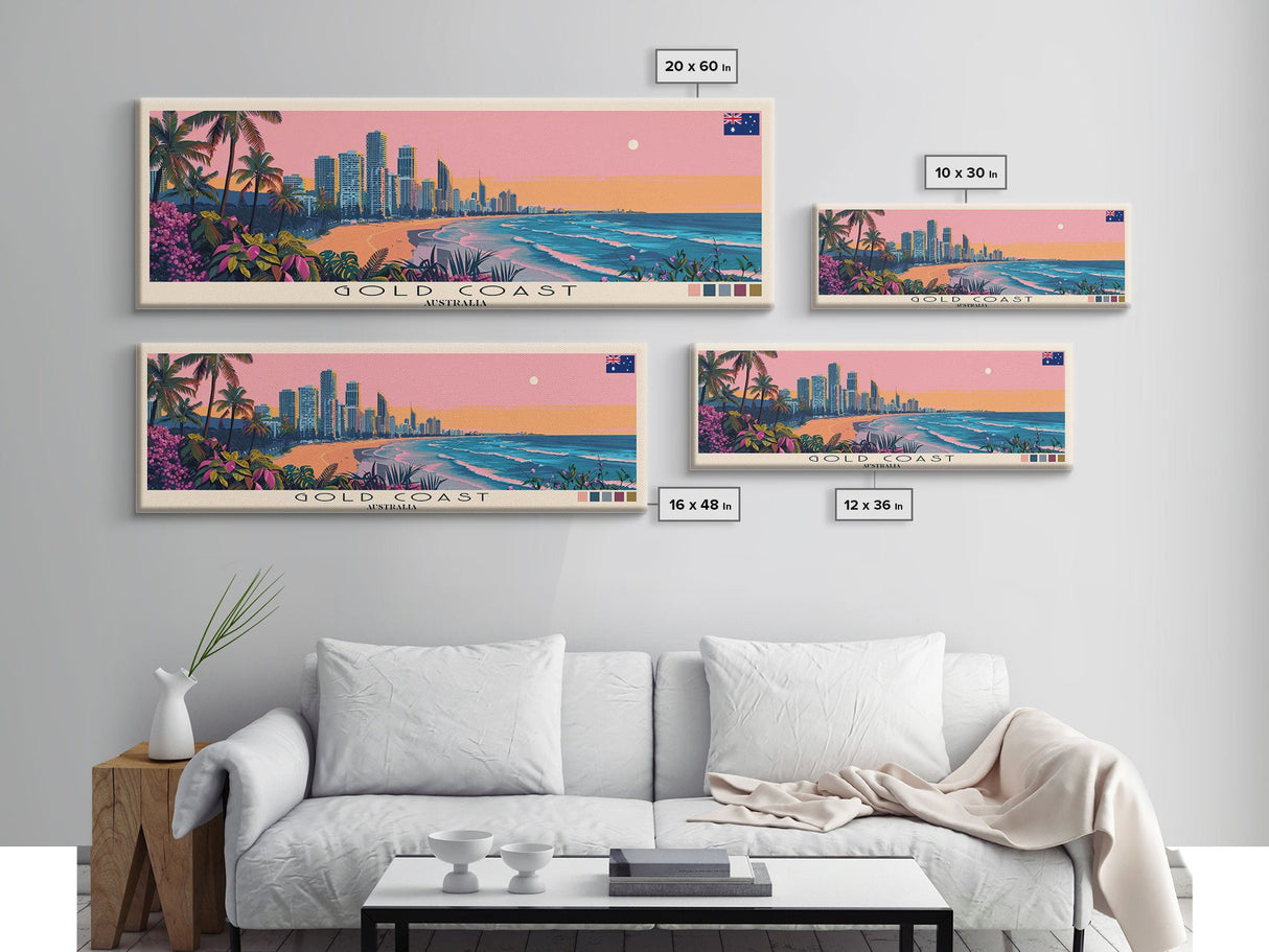 Gold Coast, Australia Panoramic Canvas Print, Gold Coast, Australia Painting, Australia Art, Gold Coast Travel Poster, Travel Art, Living Room Painting