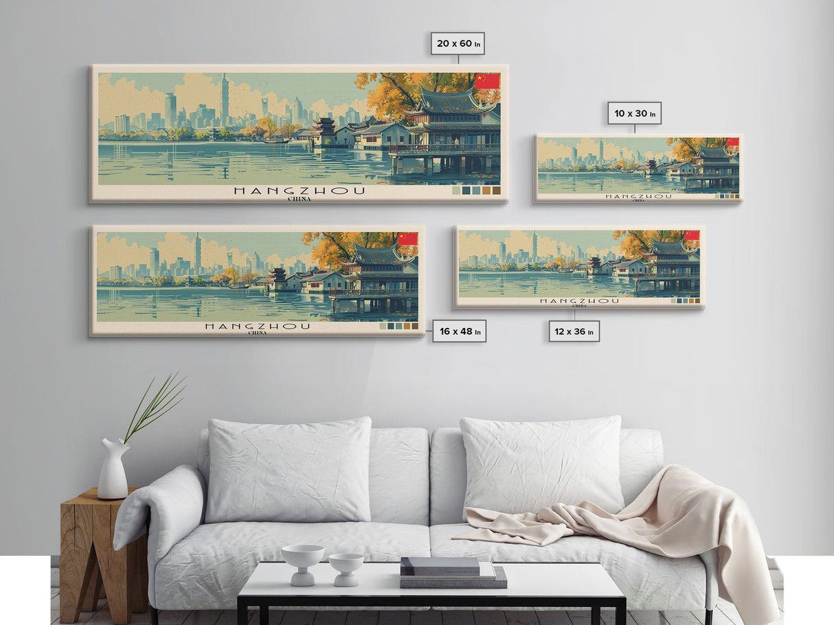 Hangzhou, China Panoramic Canvas Print, Hangzhou, China Painting, China Art, Hangzhou Travel Poster, Travel Art, Housewarming Gift