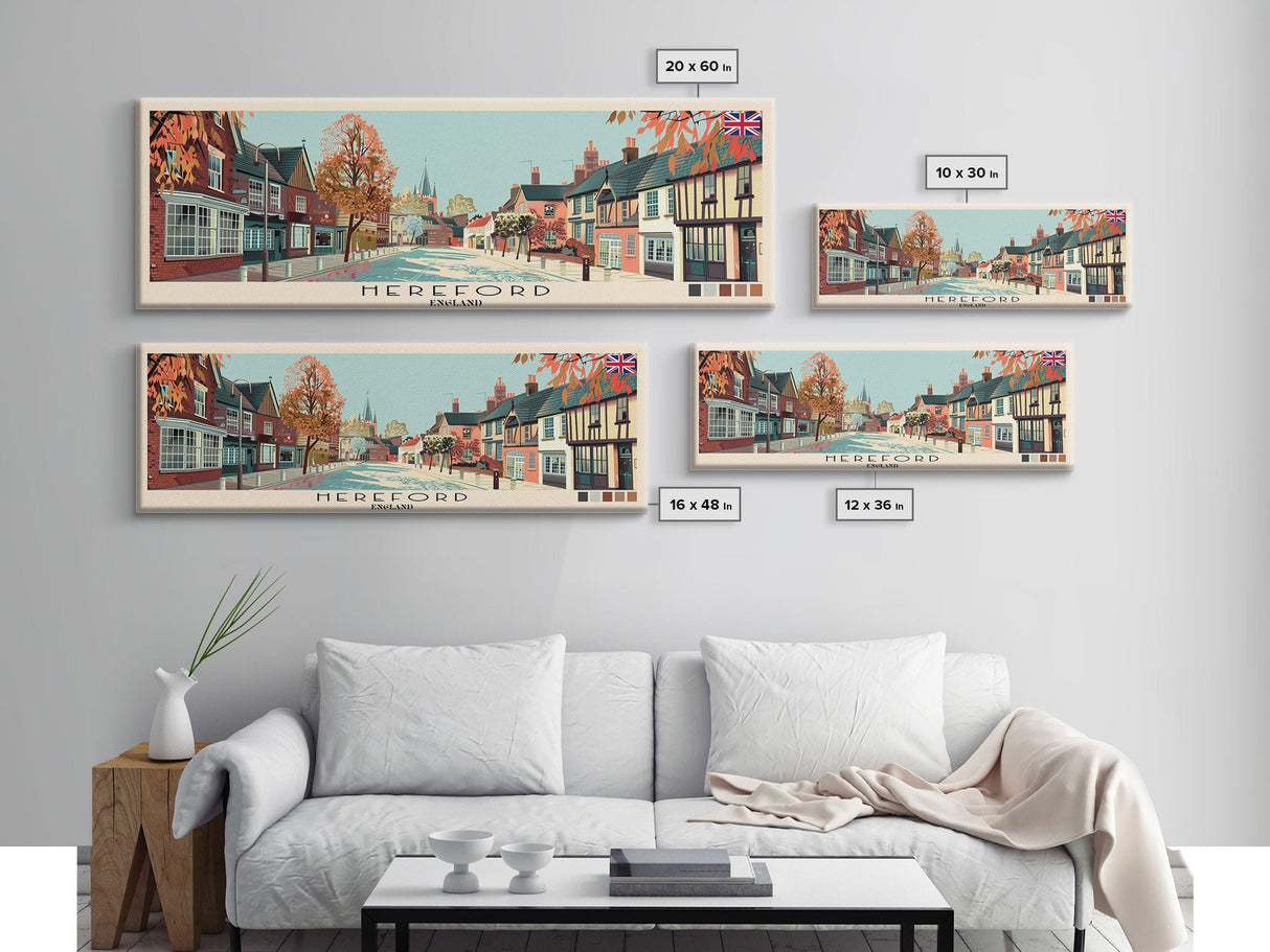 Hereford, England Panoramic Canvas Print, Hereford, England Painting, England Art, Hereford Travel Poster, Travel Art, Vacation Gift