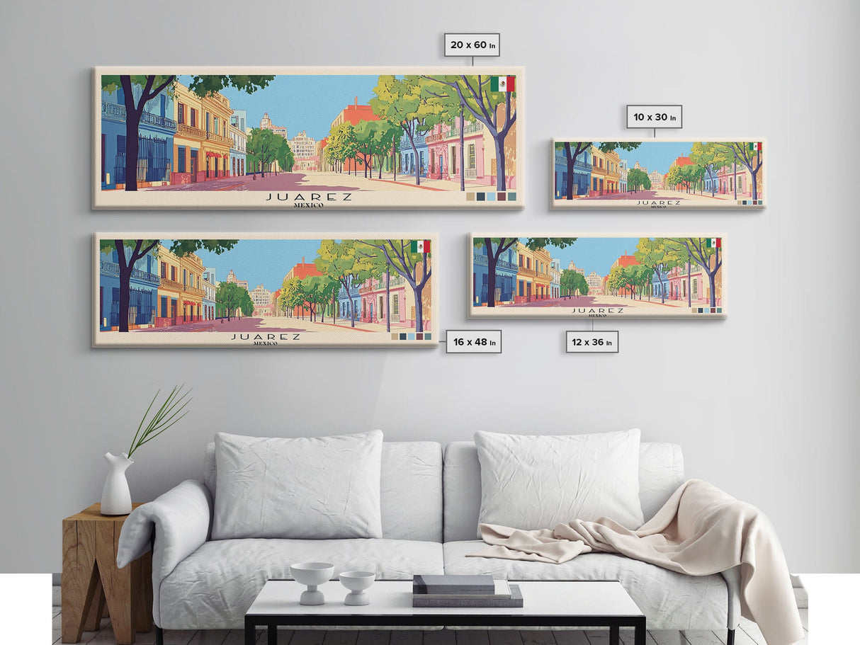 Juarez, Mexico Panoramic Canvas Print, Juarez, Mexico Painting, Mexico Art, Juarez Travel Poster, Travel Art, Living Room Painting