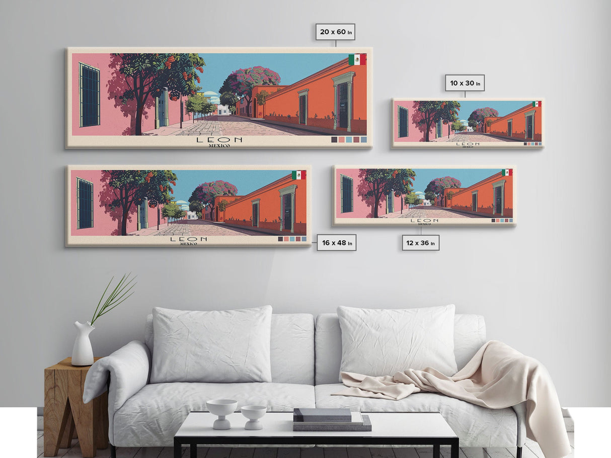 Leon, Mexico Panoramic Canvas Print, Leon, Mexico Painting, Mexico Art, Leon Travel Poster, Travel Art, Vacation Gift