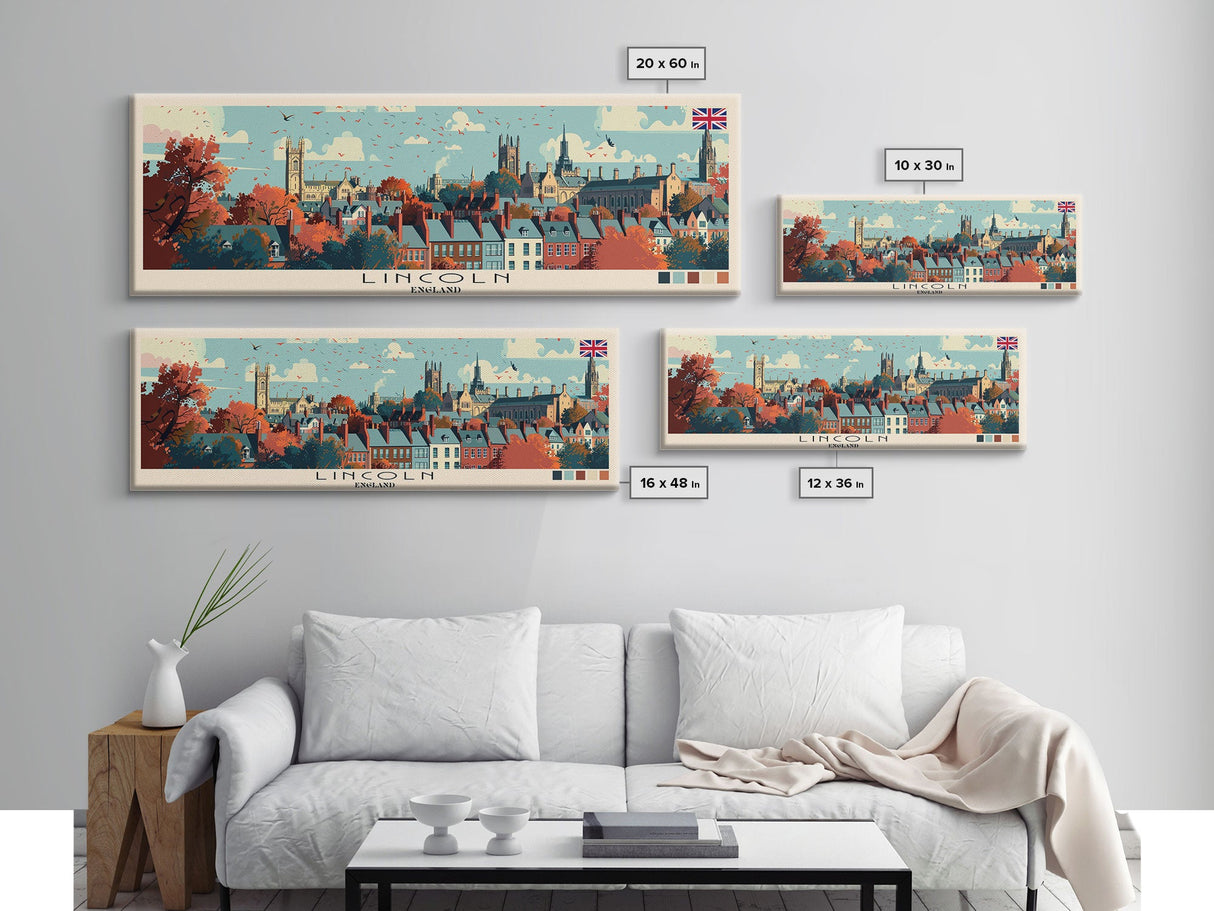 Lincoln, England Panoramic Canvas Print, Lincoln, England Painting, England Art, Lincoln Travel Poster, Travel Art, Housewarming Gift