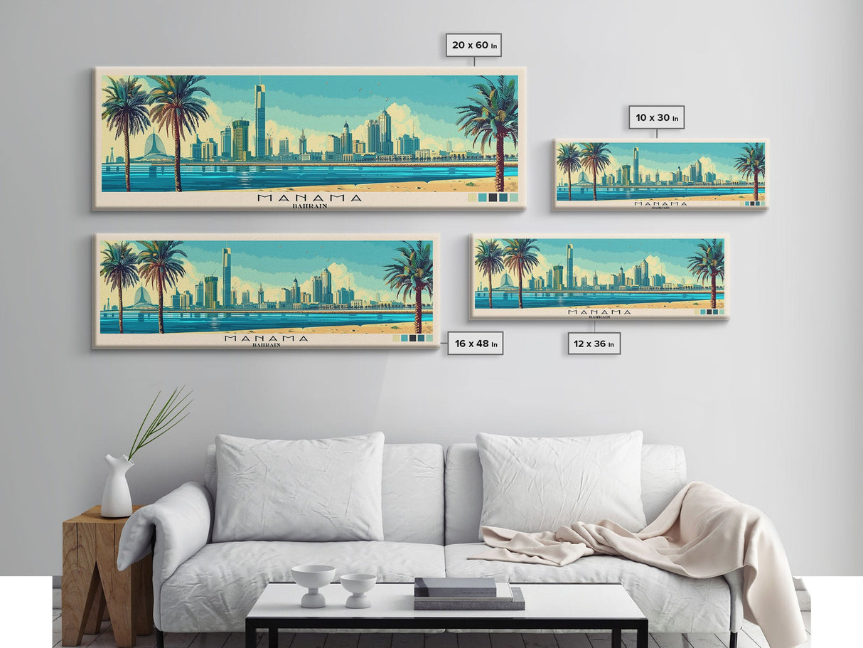 Manama, Bahrain Panoramic Canvas Print, Manama, Bahrain Painting, Bahrain Art, Manama Travel Poster, Travel Art, Guest Room Painting