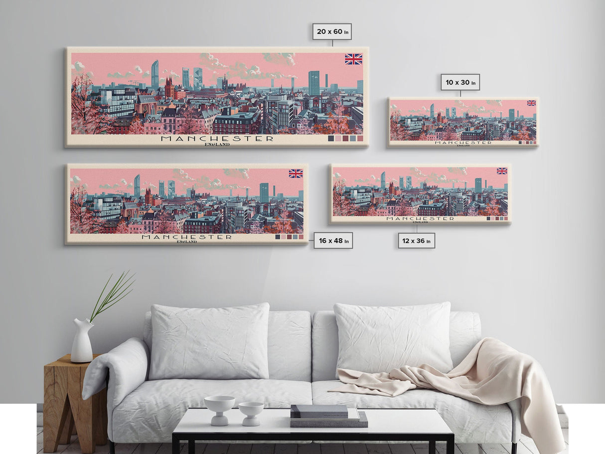 Manchester, England Panoramic Canvas Print, Manchester, England Painting, England Art, Manchester Travel Poster, Travel Art, Vacation Gift