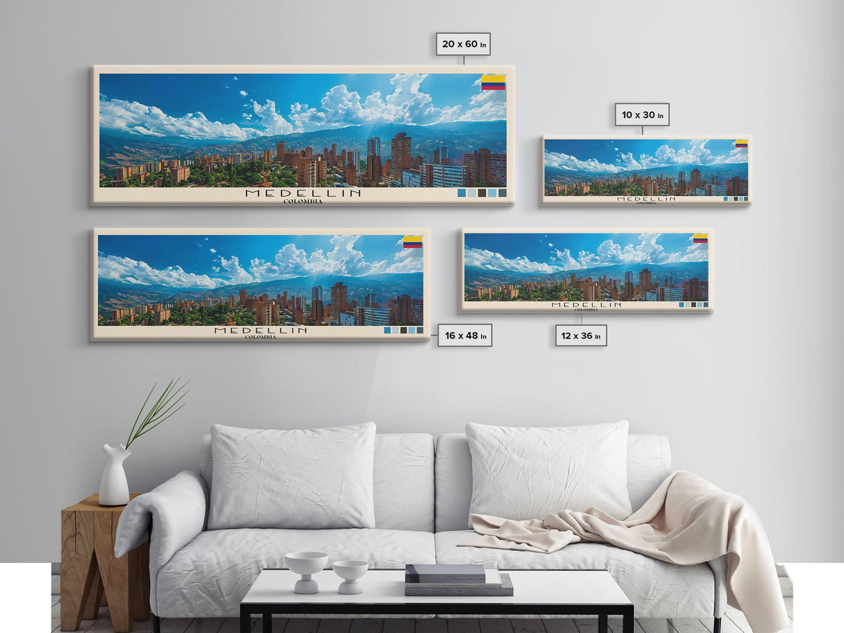 Medellin, Colombia Panoramic Canvas Print, Medellin, Colombia Painting, Colombia Art, Medellin Travel Poster, Travel Art, Vacation Gift