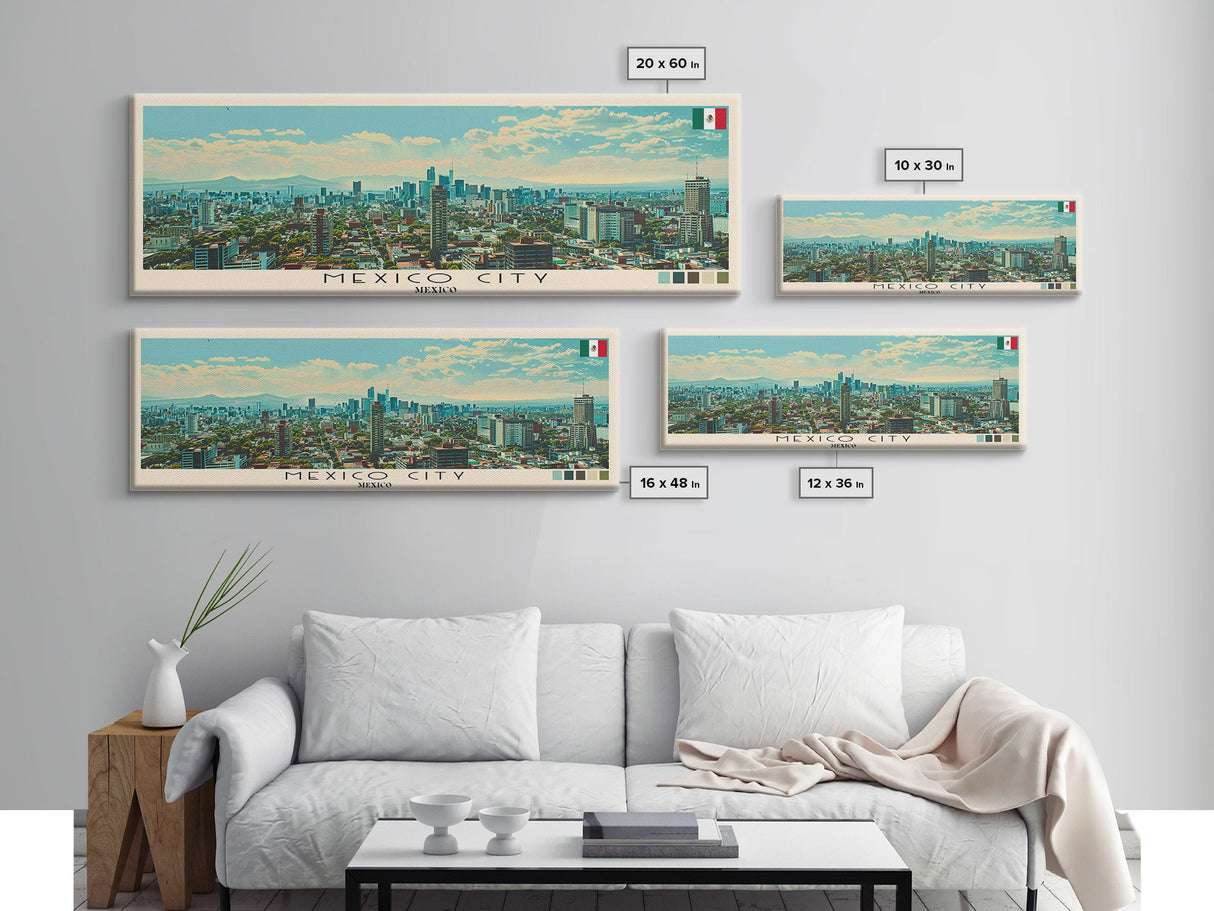 Mexico City, Mexico Panoramic Canvas Print, Mexico City, Mexico Painting, Mexico Art, Mexico City Travel Poster, Travel Art, Guest Room Painting