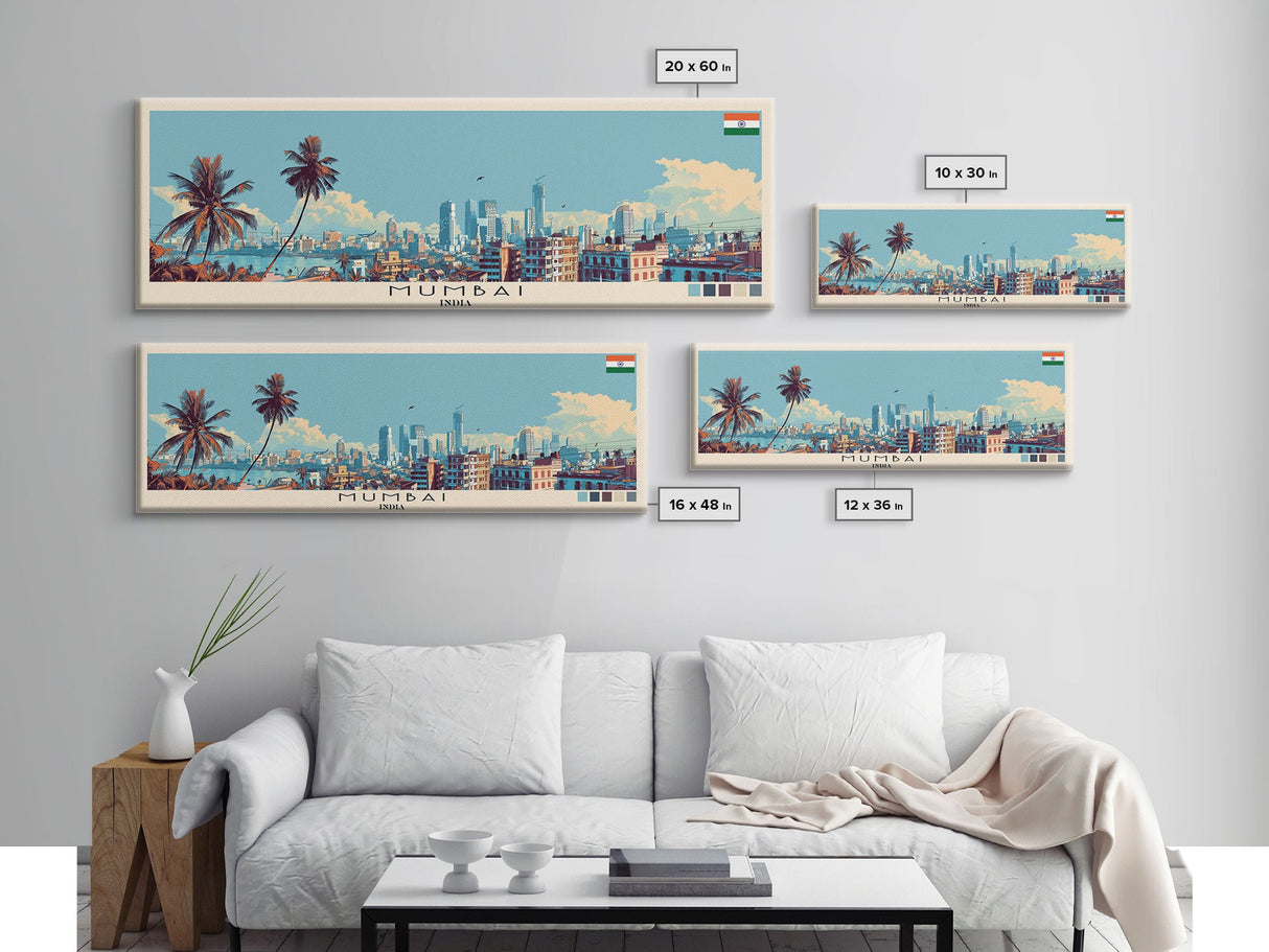 Mumbai, India Panoramic Canvas Print, Mumbai, India Painting, India Art, Mumbai Travel Poster, Travel Art, Guest Room Painting