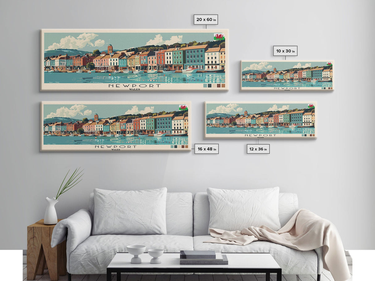 Newport, Wales Panoramic Canvas Print, Newport, Wales Painting, Wales Art, Newport Travel Poster, Travel Art, Housewarming Gift