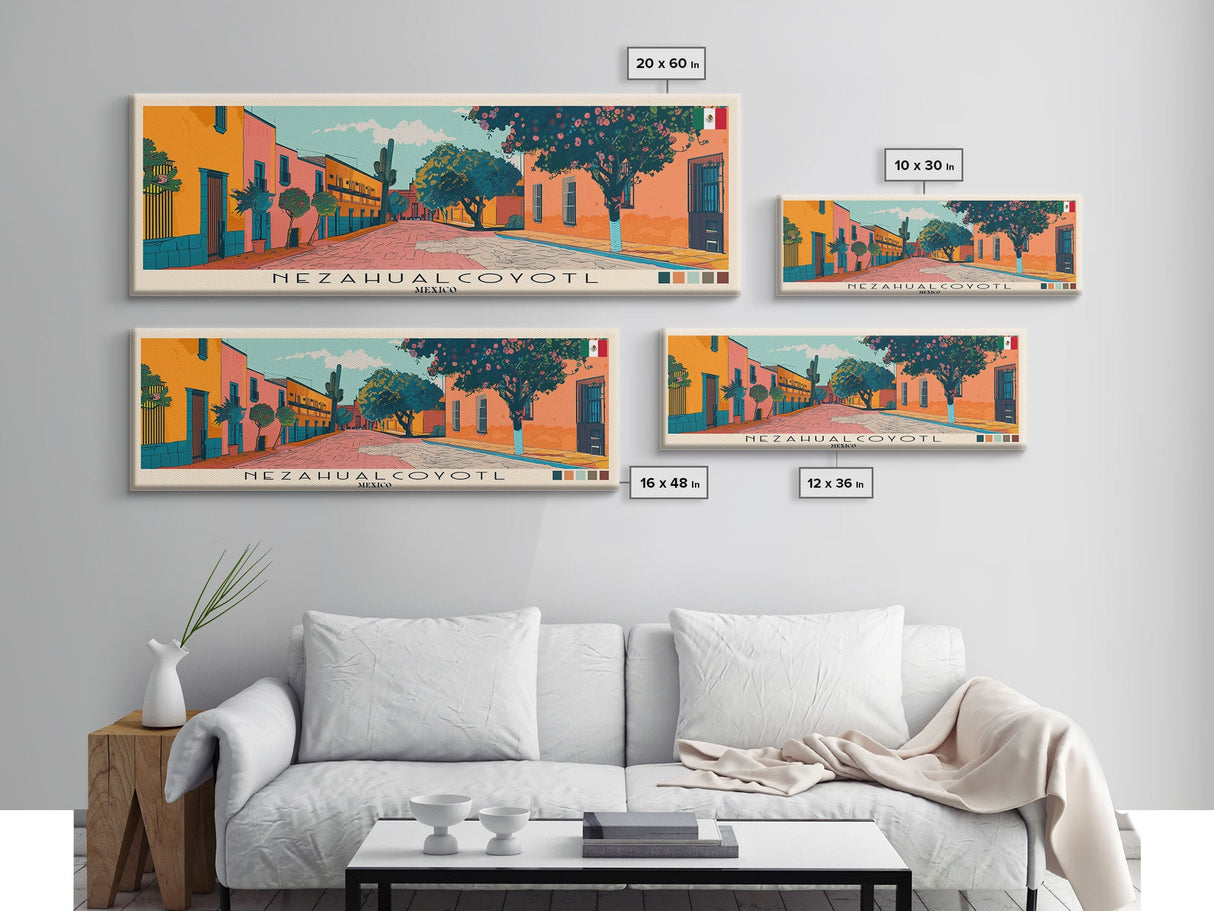 Nezahualcoyotl, Mexico Panoramic Canvas Print, Nezahualcoyotl, Mexico Painting, Mexico Art, Nezahualcoyotl Travel Poster, Travel Art, Living Room Painting