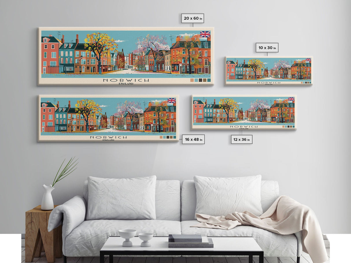 Norwich, England Panoramic Canvas Print, Norwich, England Painting, England Art, Norwich Travel Poster, Travel Art, Vacation Gift