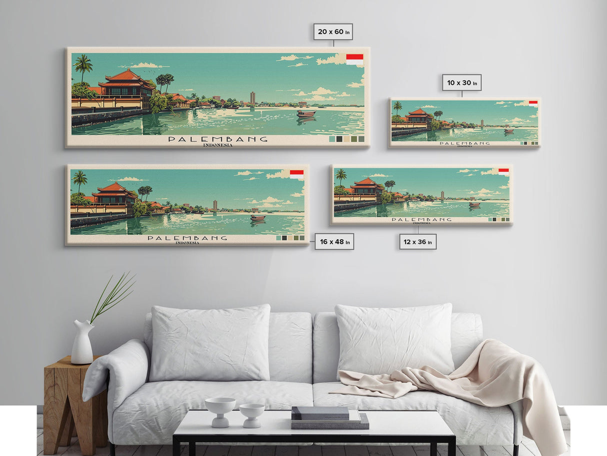 Palembang, Indonesia Panoramic Canvas Print, Palembang, Indonesia Painting, Indonesia Art, Palembang Travel Poster, Travel Art, Guest Room Painting