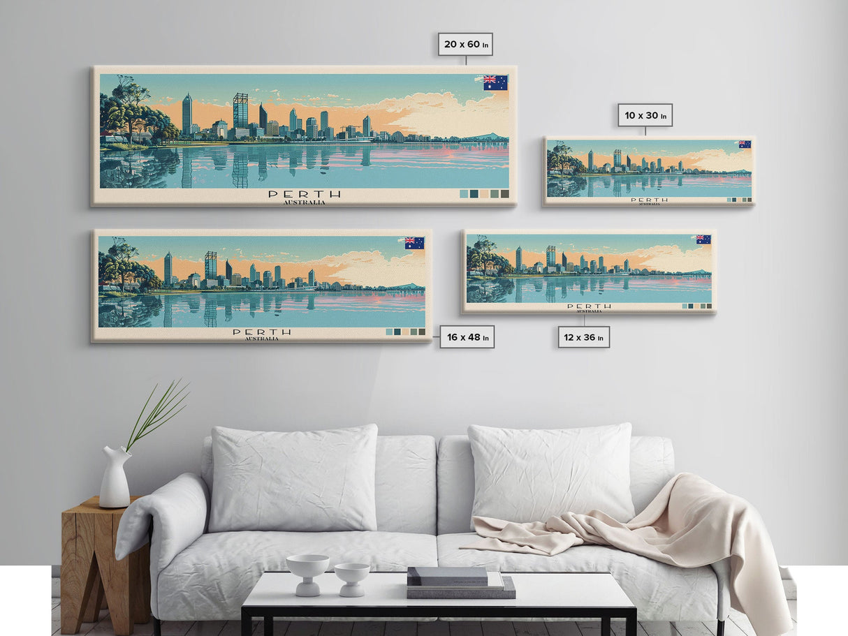 Perth, Australia Panoramic Canvas Print, Perth, Australia Painting, Australia Art, Perth Travel Poster, Travel Art, Vacation Gift