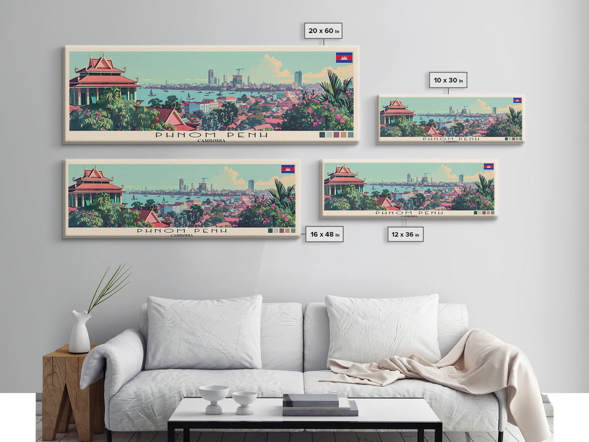 Phnom Penh, Cambodia Panoramic Canvas Print, Phnom Penh, Cambodia Painting, Cambodia Art, Phnom Penh Travel Poster, Travel Art, Guest Room Painting