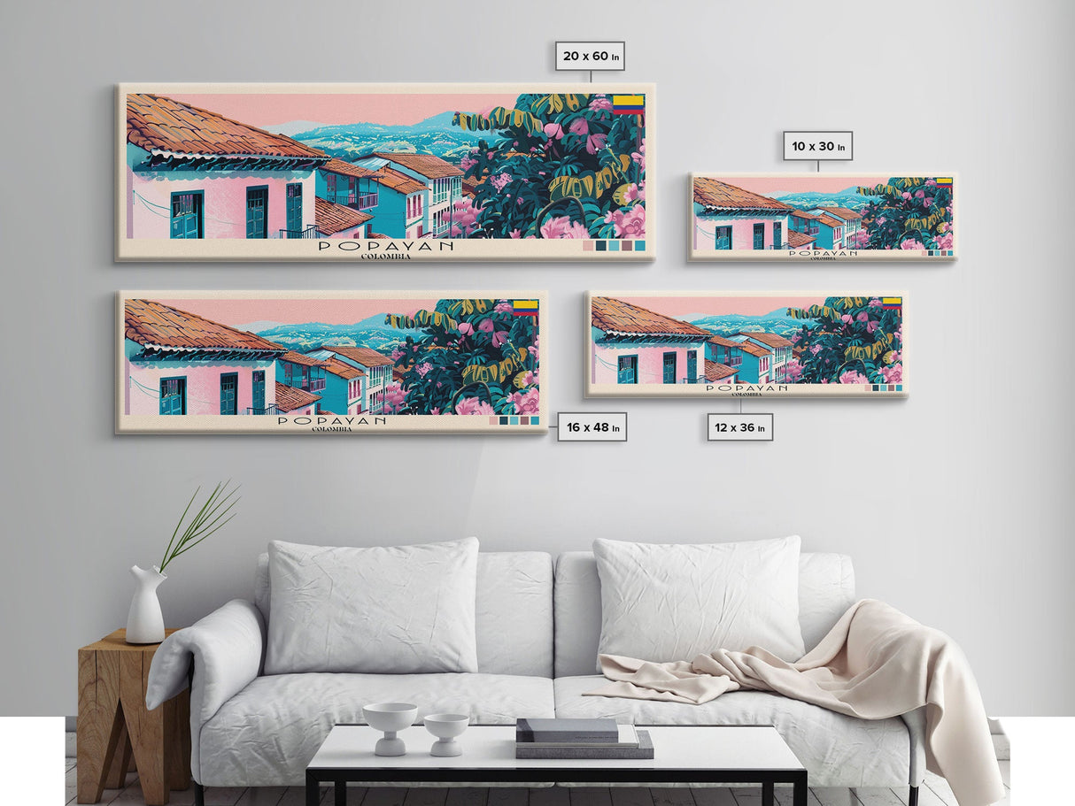 Popayan, Colombia Panoramic Canvas Print, Popayan, Colombia Painting, Colombia Art, Popayan Travel Poster, Travel Art, Vacation Gift