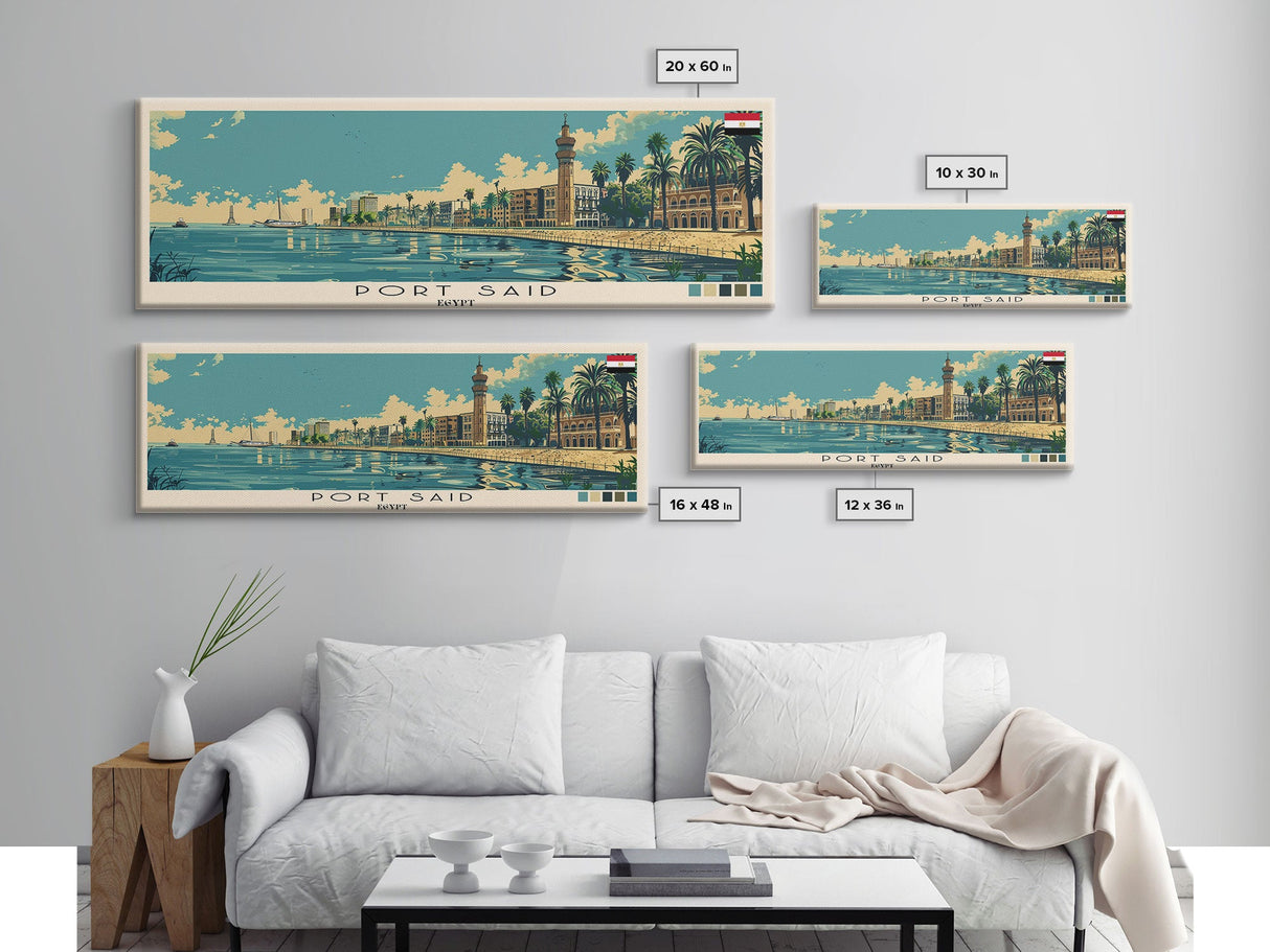 Port Said, Egypt Panoramic Canvas Print, Port Said, Egypt Painting, Egypt Art, Port Said Travel Poster, Travel Art, Guest Room Painting