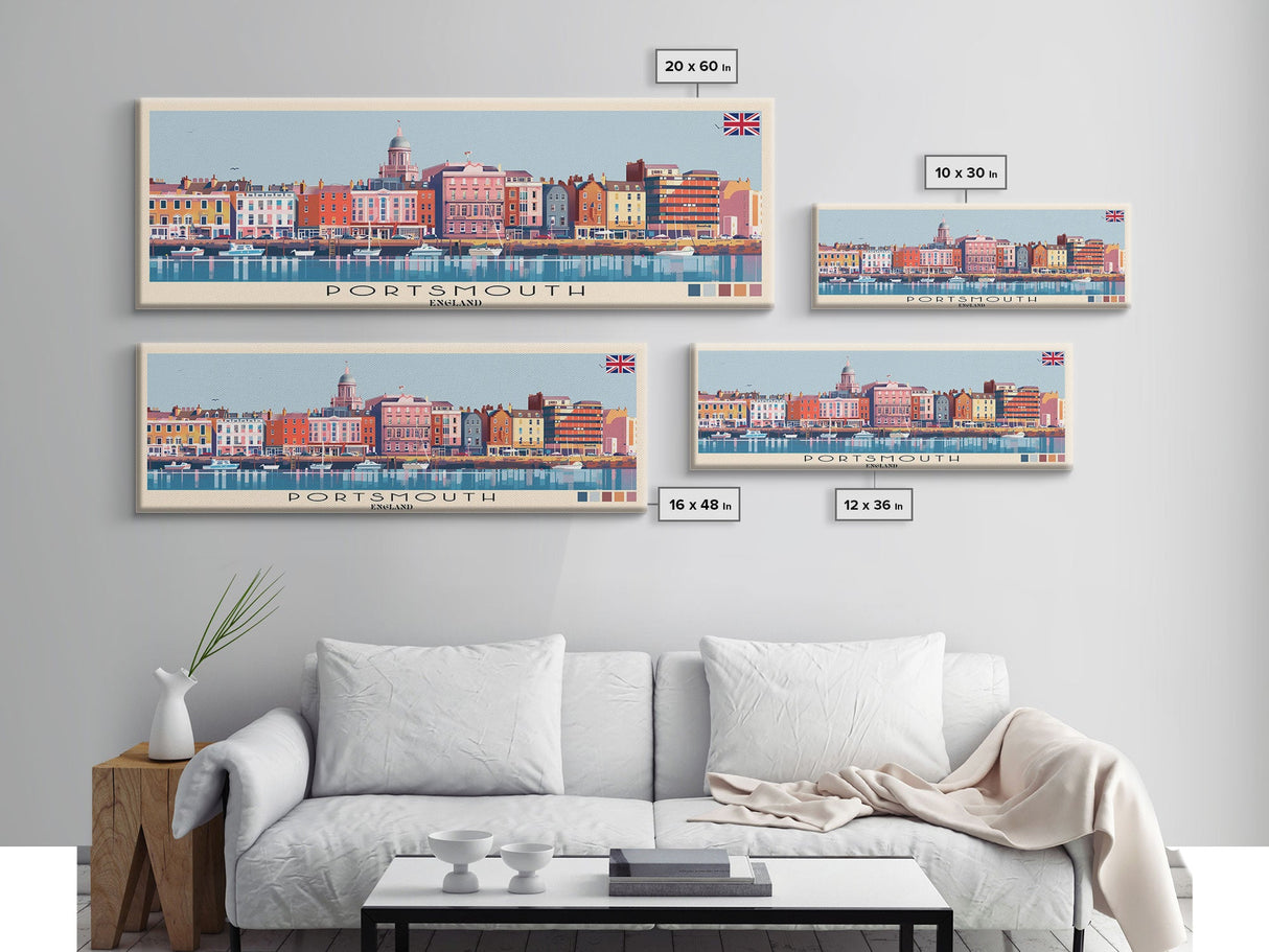 Portsmouth, England Panoramic Canvas Print, Portsmouth, England Painting, England Art, Portsmouth Travel Poster, Travel Art, Vacation Gift