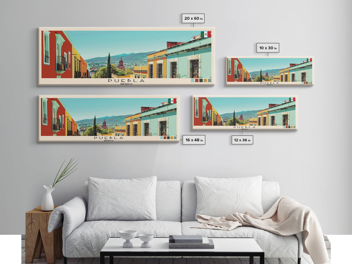 Puebla, Mexico Panoramic Canvas Print, Puebla, Mexico Painting, Mexico Art, Puebla Travel Poster, Travel Art, Living Room Painting