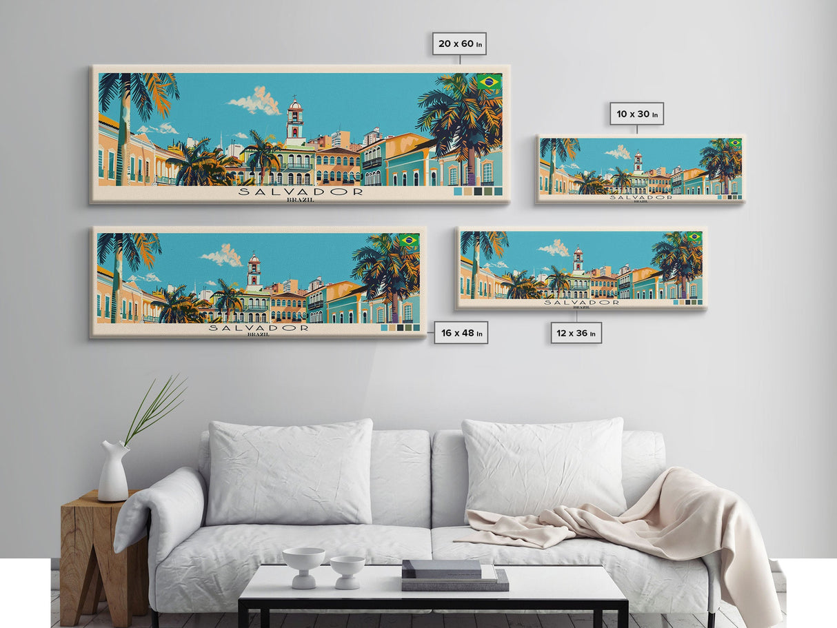 Salvador, Brazil Panoramic Canvas Print, Salvador, Brazil Painting, Brazil Art, Salvador Travel Poster, Travel Art, Guest Room Painting