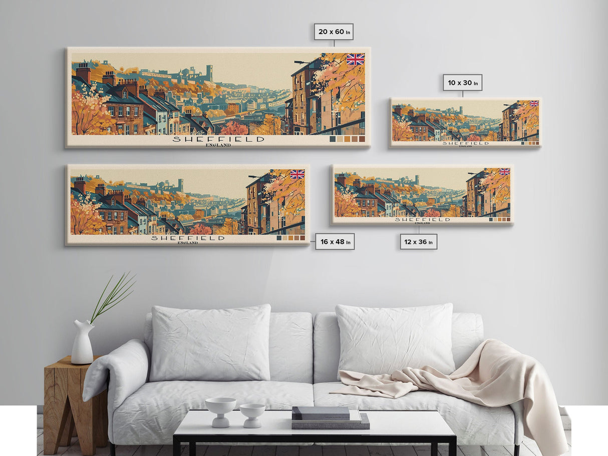 Sheffield, England Panoramic Canvas Print, Sheffield, England Painting, England Art, Sheffield Travel Poster, Travel Art, Guest Room Painting