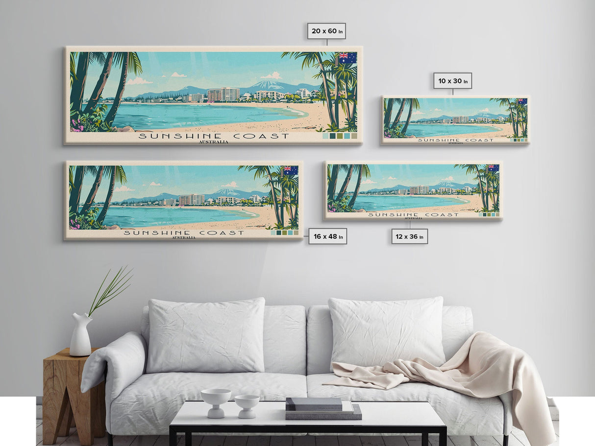 Sunshine Coast, Australia Panoramic Canvas Print, Sunshine Coast, Australia Painting, Australia Art, Sunshine Coast Travel Poster, Travel Art, Guest Room Painting