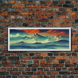 Beautiful Fantasy Mountain Landscape With Orange Clouds, Framed Canvas Print, Ready To Hang Panoramic Wall Decorr