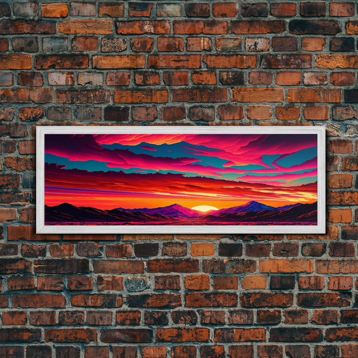 Panoramic Framed Canvas Print | Desert Mountain Landscape Synthwave Sunset | Living Room, Bedroom, Dining Room, Office