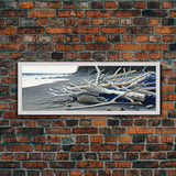 Driftwood, Panoramic Framed Canvas Print, Pacific Northwest / Washington State Driftwood Washed Up On The Shore, Extra Wide Format Art