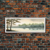 Panoramic Framed Canvas Print of Misty Fog Covered Lake and Pine Tree Forest, Perfect for Living Room, Bedroom