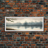 Panoramic Framed Canvas Print of Misty Fog Covered Lake and Pine Tree Forest, Perfect for Living Room, Bedroom, Fog Covered Lake