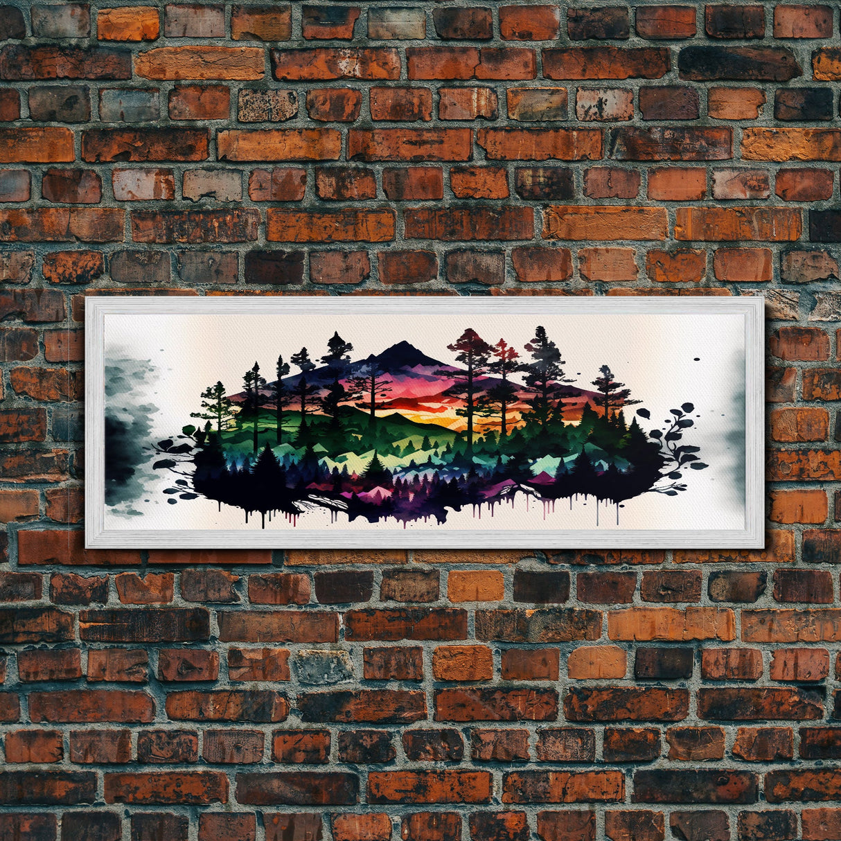 Vibrant Double Exposure Watercolor of a Mountain Landscape and Pine Tree Forest at Sunset, Wide Panoramic Framed Canvas Print