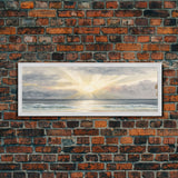 Whimsical Beach Sunset Art Watercolor, Framed Canvas Print, Panoramic Lakehouse Art, Light Pastels, Ultra Wide Format Above Bed Art