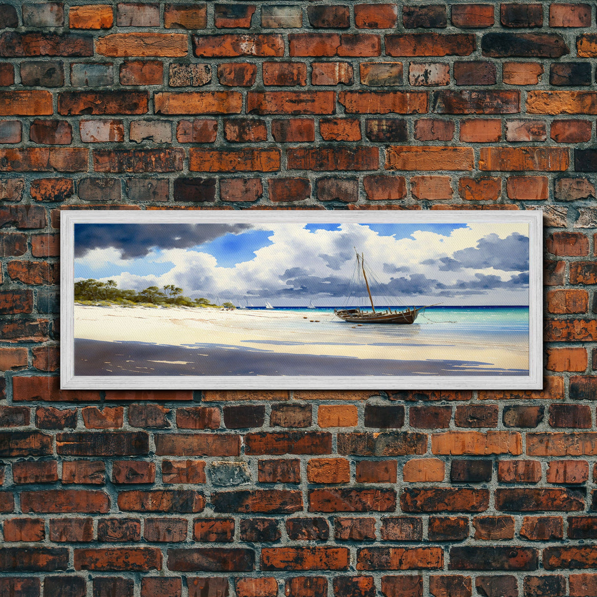 Tropical Shipwreck Island - Framed Canvas Print -Panoramic Beach Art - Blue sky and blue ocean art - nautical sailing decor