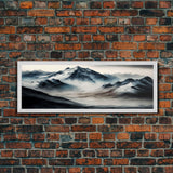 Panoramic Framed Canvas Print of Watercolor Snowy Mountain Lake Reflection Landscape Painting, Unique Landscape Wall Art