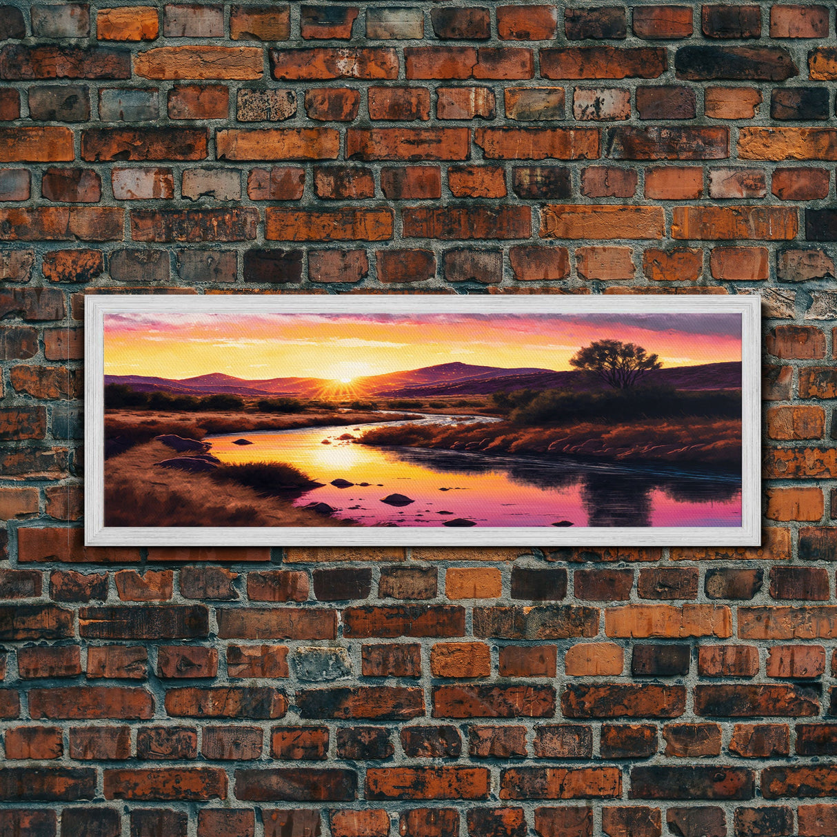 Vibrant Orange Mountain Sunset Panoramic Framed Canvas Print, Colorful Nature Landscape, Cool Wall Art