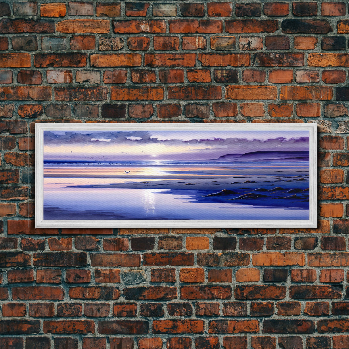 Panoramic Framed Watercolor Beach Landscape Canvas Print - Colorful Clouds & Waves | Seascapes Wall Art | Sunset Over The Ocean