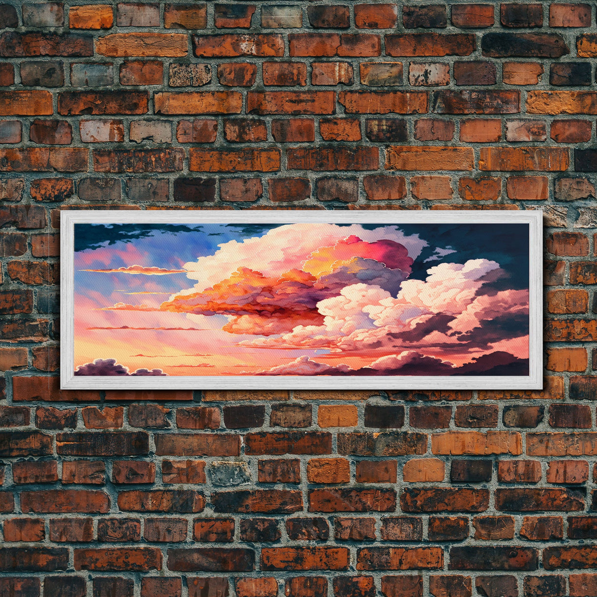 Panoramic Framed Canvas Print of Watercolor Panoramic Landscape Painting of Red & Pink Clouds at Sunset, Framed Wall Art