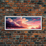 Beautiful Panoramic Framed Canvas Print of Red and Pink Clouds and Sunset, Framed Wall Art, Wall Decor, Living Room Art