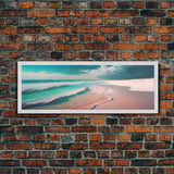 Panoramic Framed Canvas Print of Watercolor Beach Sunset Landscape Painting, Blue Ocean Waves, Tranquil Art, Peaceful Art