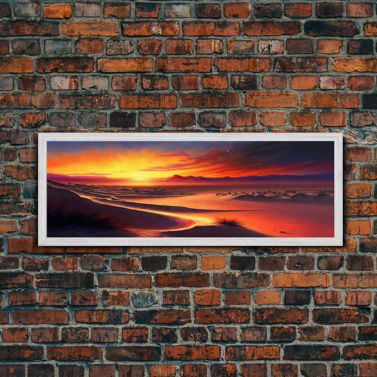 Panoramic Framed Canvas Print - Watercolor Desert Landscape Painting - Vibrant Sunset - Wall Art for Living Room, Bedroom