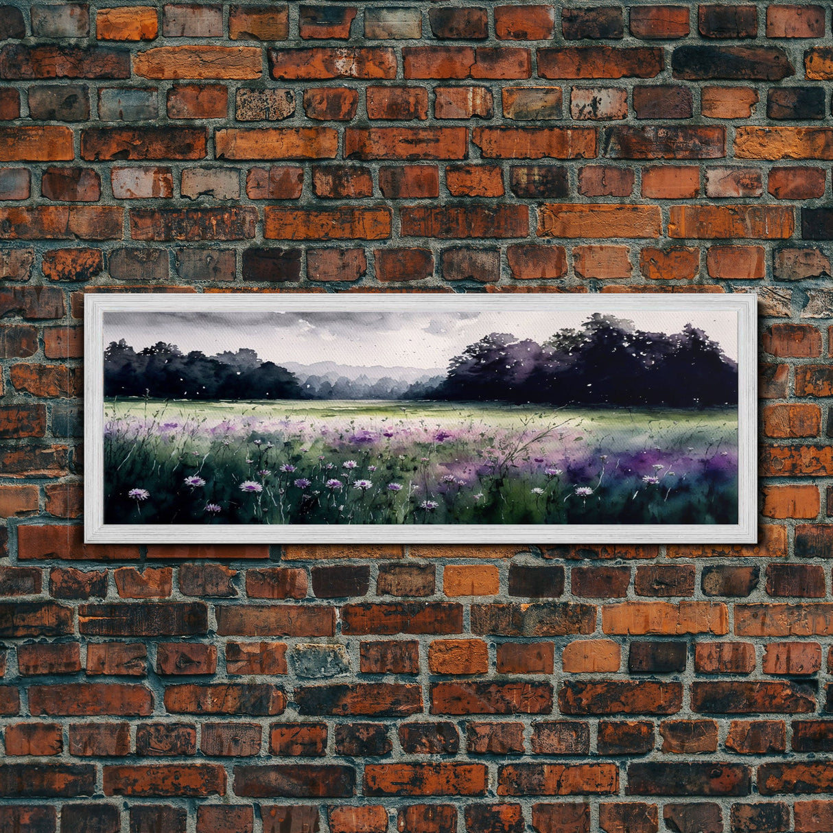 Panoramic Framed Canvas Print - Watercolor Purple Flower Field Landscape - Perfect for Living Room, Bedroom, Office, Guest Room Art